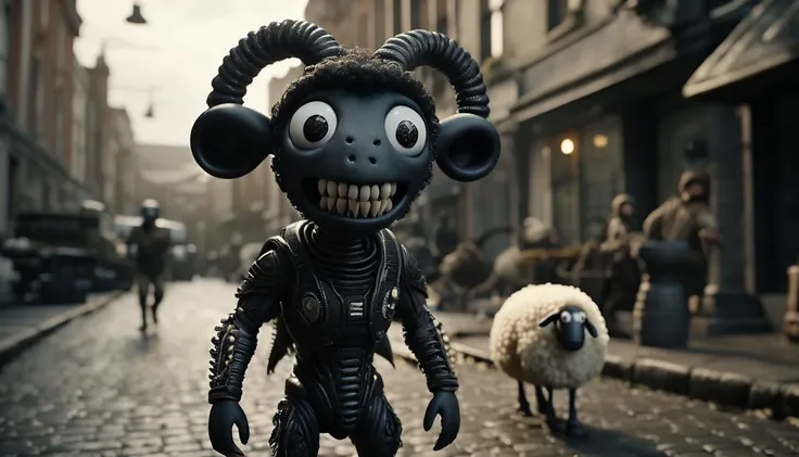 cinematic photo animations of a brute xenomorph alien with a sheep in a stree <lora:Shaun:0.7>, 35mm photograph, film, bokeh, professional, 4k, highly detailed
