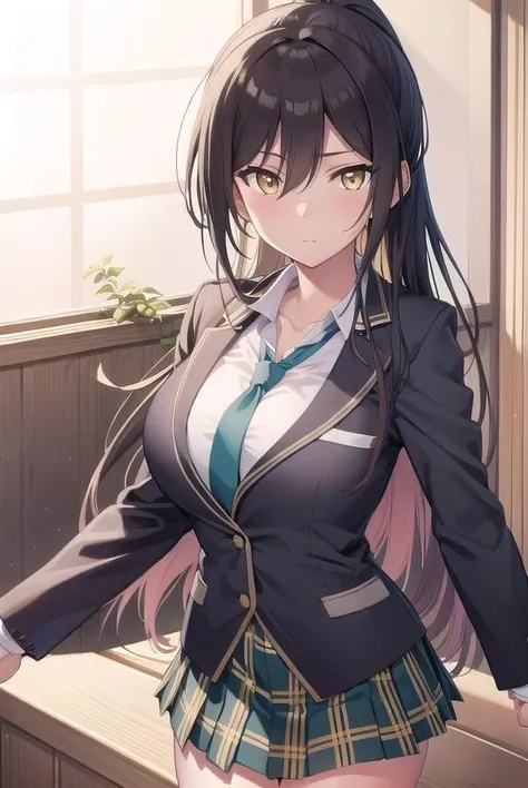 Blue Archive Karin, karin, Ahoge, Black hair, (Dark skin), (dark skinned female:1.3), Halo, Long hair, (Yellow eyes:1.5),Break Cardigan, Neck ribbon, Pleated skirt, bow ribbon, School uniform, Skirt, Blue cardigan, Naughty big、large full breasts、BREAK looking at viewer, BREAK (masutepiece:1.2), Best Quality, High resolution, Unity 8k壁纸, (Illustration:0.8), (Beautiful detailed eyes:1.6), extra detailed face, Perfect Lighting, extremely details CG, (Perfect hands, Perfect Anatomy),(Skirt lift:1.3), (white panties:1.3)、(Skirt that rolls up:1.3)、(Fully exposed panties:1.5),(is standing:1.3)、a smile、outside of house、plein air、