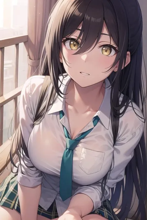 sakuyashirase, <lora:sakuyashirase-lora-nochekaiser:1>,
sakuya shirase, black hair, hair between eyes, long hair, ponytail, (yellow eyes:1.5),
BREAK collarbone, green necktie, green skirt, necktie, open collar, plaid, plaid skirt, pleated skirt, school uniform, shirt, skirt, white shirt,
BREAK looking at viewer, full body,
BREAK indoors, classroom,
BREAK <lyco:GoodHands-beta2:1>, (masterpiece:1.2), best quality, high resolution, unity 8k wallpaper, (illustration:0.8), (beautiful detailed eyes:1.6), extremely detailed face, perfect lighting, extremely detailed CG, (perfect hands, perfect anatomy),