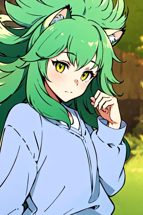 1girl, solo, green hair, yellow eyes, cat ears, animal ears, looking at viewer, long hair, closed mouth, shirt, specular highlights, animated style,wild hair, fluffy hair, wind swept hair,