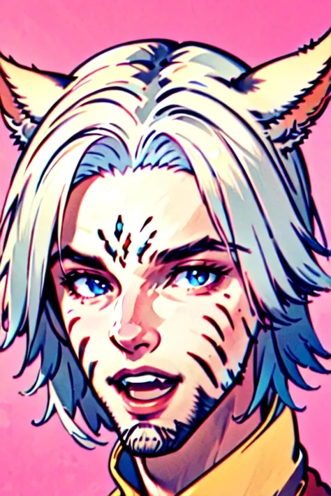 solo, looking at viewer, smile, short hair, open mouth, blue eyes, 1boy, animal ears, white hair, male focus, teeth, cat ears, facial hair, facial mark, pink background, portrait, beard, mature male, miqo'te, hyur, avatar (ff14)