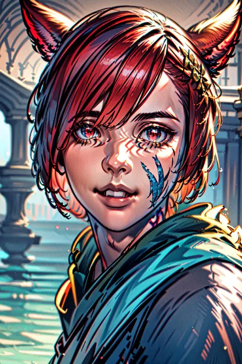 <lyco:Graha_Tia-10:0.8> Graha Tia, (masterpiece, best quality, ultra-detailed, highres, best illustration),perfect face, ((solo, solo focus)),sidelighting, lustrous skin,(bloom), (shine), ray tracing,solo, 1boy, animal ears, male focus, neck tattoo, red eyes, red hair, cat ears, hair ornament, short hair, miqo'te, portrait, tattoo, x hair ornament, bangs, smile, slit pupils, facial mark, swept bangs, looking at viewer, blurry, closed mouth,depth_of_field,very detailed background,extreme light and shadow,(detailed eyes), (beautiful) beautiful detailed eyes, perfect lighting , perfect anatomy,(extremely detailed illustrated 8k wallpaper),(masterpiece), (best quality), (ultra-detailed), (best illustration),(best shadow),perfect lighting , full body, perfect anatomy , vivid colors,