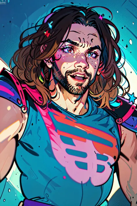 <lyco:Dan_Avidan-10:0.8> Dan Avidan, (masterpiece, best illustration, extreme light and shadow, vivid colors), (shine, bloom), (ultra detailed), (cartoon, anime style),solo, shoulder armor, open mouth, 1boy, armor, long hair, pauldrons, male focus, brown hair, wide-eyed, parody, looking at viewer, dynamic angle, rule of thirds, stubble, looking at viewer, fantasy, shonen, Leigh Daniel Avidan, art by Shoocharu, close up, cel animation style,