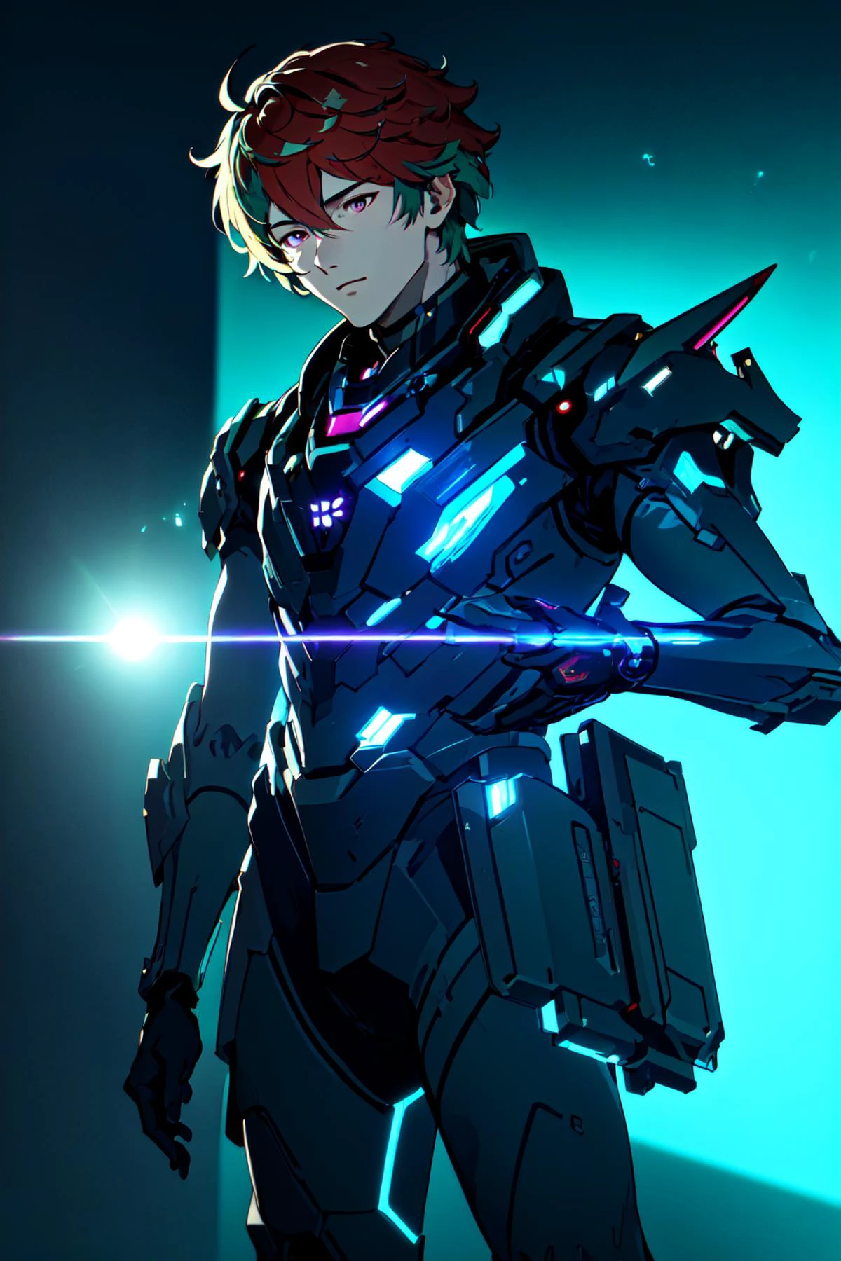 (masterpiece, best illustration, extreme light and shadow), 1boy, solo, transgender male, flat chest, red hair, green hair, style of Genshin impact, hoyoverse, purple eyes, two tone hair, depth of field, standing in a spaceship, (cyberpunk:1.2), (lens flare, light leak, prismastic), close up, (sci-fi:1.5), shiny skin, cg, (sidelighting), (volumetric lighting)