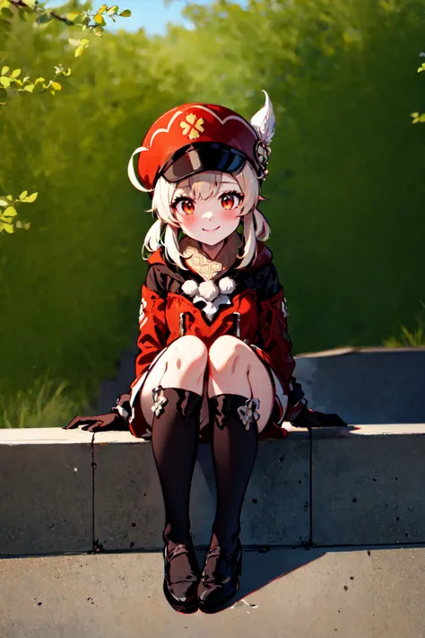 <lora:klee1-000009:1>, kleedef, full body, sitting, smile, blush, outdoors, day,