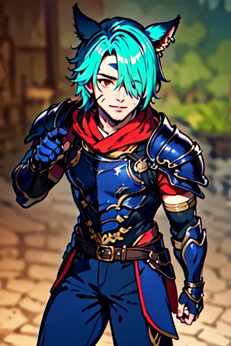 solo, looking at viewer, short hair, red eyes, 1boy, animal ears, jewelry, standing, male focus, multicolored hair, cowboy shot, earrings, green hair, cat ears, armor, hair over one eye, blurry, two-tone hair, blurry background, facial mark, shoulder armor, gauntlets, pauldrons, breastplate, vambraces, miqo'te, cat boy, neck tattoo, avatar (ff14)