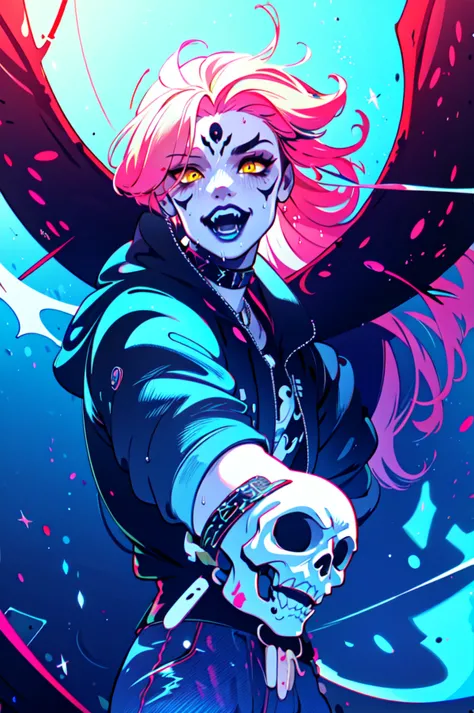 ((demonic, calavera, sugar skull makeup, exo skeleton, moth wings, wings, kawaii horror, poltergeist moth)), 1girl, ((duotone, tritone, monochromatic, monochrome, gradient)), ((two tone hair, multicolored hair, pink hair, blue hair, white streaks, yellow streaks, wild hair, curly hair)), ((zentangle, mandala, tangle, chaos, disorder, spider webs, entangle:0.6)), curly hair , wild hair, yellow eyes ,yellow choker necklace, white tshirt, jeans, denim jacket, eye symbol, black leggings , demonic moth , spider webs, wet , wet clothes, vampire teeth , black cape , roses, lillies, lily of the valley, cyberpunk, fantasy, full-face blush, human fingers , city background , flying, white body paint , cyberpunk background , wires, electrical wires, top , black skirt , black shirtDynamic angle,(Highest picture quality), (Master's work), extreme light and shadow, masterpiece, rich in detail, (highest quality), (masterpiece), (extremely detailed CG unity 8k wallpaper),(masterpiece), (best quality), (ultra-detailed), (best illustration),(best shadow),perfect lighting , perfect anatomy , vivid colors, (masterpiece),