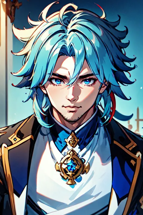 masterpiece, best quality, 1boy, male focus, solo,  blue hair, blue eyes, looking at viewer, long hair, closed mouth, shirt, style of genshin impact, specular highlights, animated style, portrait, upper body, wild hair, fluffy hair, wind swept hair,