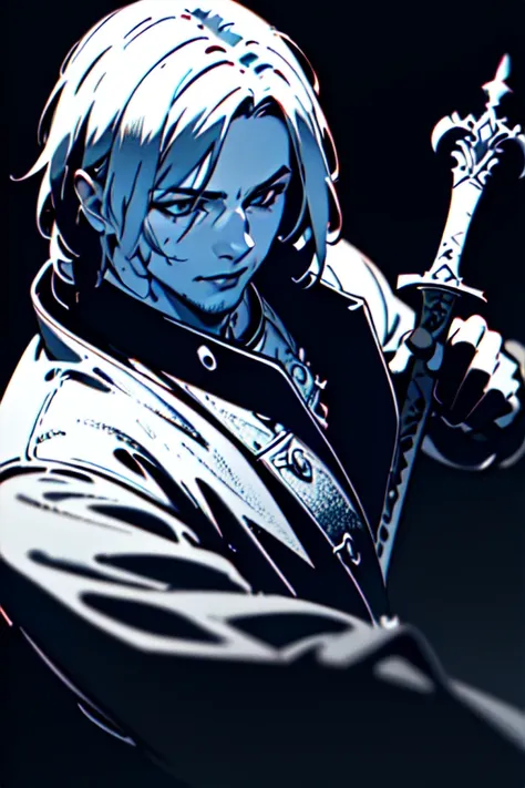 (masterpiece, best quality, ultra-detailed, highres), ((solo)), perfect face, sidelighting, lustrous skin,(bloom), (shine),side lighting, ray tracing, sci-fi, solo, simple background, gloves, 1boy, holding, jewelry, closed mouth, monochrome, weapon, male focus, sword, fingerless gloves, necklace, holding weapon, coat, glowing, black background, dante (devil may cry), skindentation, detailed eyes, detailed face, detailed fabric, depth_of_field, vivid colors, very detailed background, highly detailed background, Masterpiece, Ultra detailed, great composition,Dynamic angle,(Highest picture quality), (Master's work), extreme light and shadow, masterpiece, rich in detail, (highest quality), (masterpiece), (extremely detailed CG unity 8k wallpaper),(masterpiece), (best quality), (ultra-detailed), (best illustration)