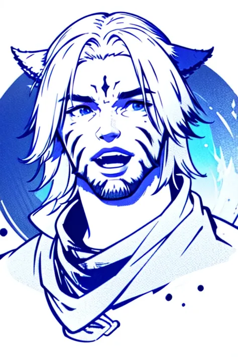 masterpiece, best quality,(zentangle, mandala, tangle, entangle:0.6),solo, open mouth, 1boy, male focus, facial hair, beard, forehead mark, miqote, ffxiv