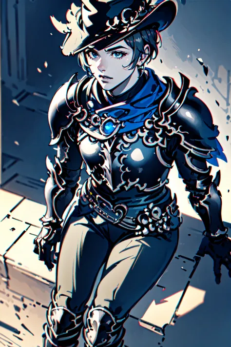 masterpiece, best quality, 1girl, zero, hat, black cape, armor, gauntlets, upper body, looking at viewer, neutral expression, looking up, sitting, from above, wasteland <lora:zero-nvwls-v1:0.9>