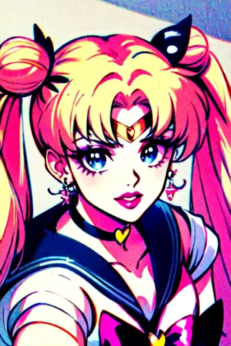 masterpiece, best quality,1girl, solo, long hair, looking at viewer, bangs, blue eyes, hair ornament, twintails,(zentangle, mandala, tangle, chaos, disorder, spider webs, entangle:0.6), jewelry, upper body, pink hair, heart, earrings, parted lips, choker, sailor collar, hair bun, parted bangs, makeup, lipstick, blue sailor collar, crescent, portrait, meme, circlet, sailor senshi uniform, heart choker, crescent earrings, sailor moon redraw challenge (meme), tsukino usagi, sailor moon