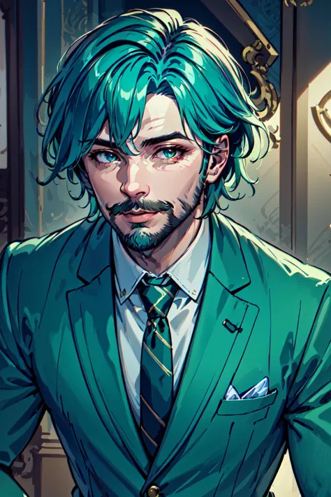 <lyco:slimeTutorialFamily_beetlejuice:.7> 1boy, male focus, solo, Slime Tutorial, Alex Brightman as Beetlejuice, masculine, green hair,(masterpiece, best quality,ultra-detailed, highres, male focus), perfect face, side lighting, lustrous skin,(bloom), (shine), lighting, ray tracing, male focus, necktie, facial hair, 1boy, beard, formal, suit, green hair, striped,, bright green hair, mustache, manly, looking at viewer, green necktie, pants, shirt, jacket, pinstripe suit,depth_of_field, very detailed background, highly detailed background, Masterpiece, Ultra detailed, great composition, (Highest picture quality), (Master's work), depth of field, solo, extreme light and shadow, masterpiece, rich in detail, (highest quality), (masterpiece), (detailed eyes), (handsome) detailed, beautiful detailed eyes,(straight-on),(masterpiece), (best quality), (ultra-detailed), (best illustration),(best shadow),perfect lighting , perfect anatomy , vivid colors