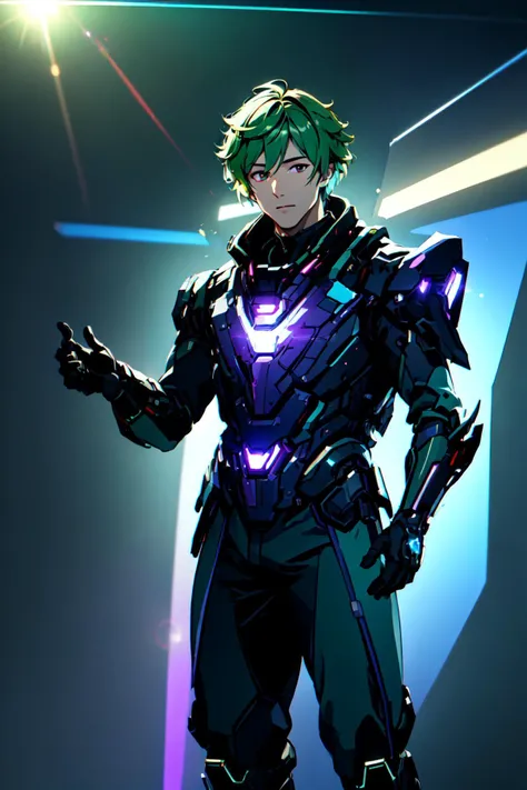 (masterpiece, best illustration, extreme light and shadow), 1boy, solo, transgender male, flat chest, red hair, green hair, style of Genshin impact, hoyoverse, purple eyes, two tone hair, depth of field, standing in a spaceship, (cyberpunk:1.2), (lens flare, light leak, prismastic), close up, (sci-fi:1.5), shiny skin, cg, (sidelighting), (volumetric lighting)