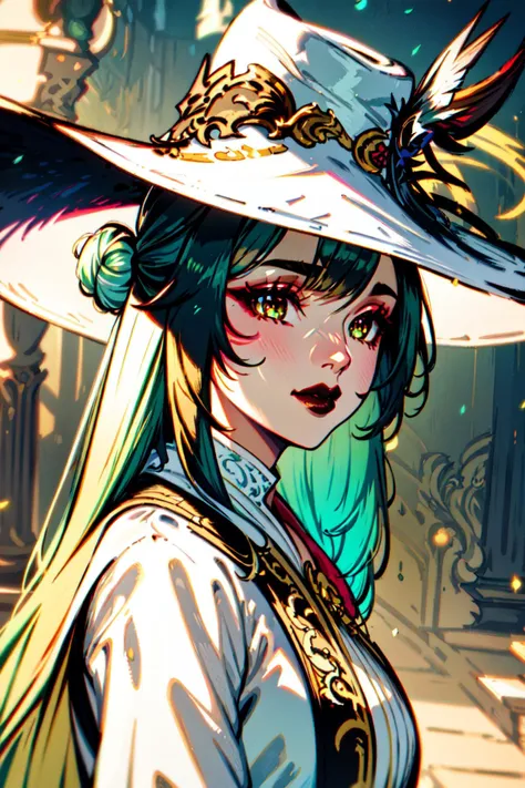 masterpiece, best quality, 1girl, solo, long hair, twin tails, hair buns, multicolored hair,two-tone hair, white hair, green hair, black hair,bangs, makeup, black lips, lipstick, mascara, eyeshadow, hazel eyes, dark haired woman wearing WHM_Glam,(wearing ffxiv white mage robes with golden embroidery, a hat:1.25), forest background, (AGF,a woman in a white dress and gold accessories, wearing AGF:1.1), (zentangle, mandala, tangle, entangle:0.6),  <lyco:AFG_WHM_Glam:0.7>