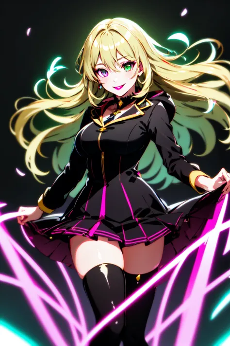 official art, masterpiece,1girl, solo, long hair, looking at viewer, smile, large breasts, thighhighs, dress, jacket, magic, black thighhighs, zettai ryouiki, makeup, floating hair, glowing, thigh boots, lipstick, glowing eyes, clenched hands, aura, green theme, black lips,specular highlights, ultra detailed, mika pikazo, yonemaya mai, detailed face detailed eyes,