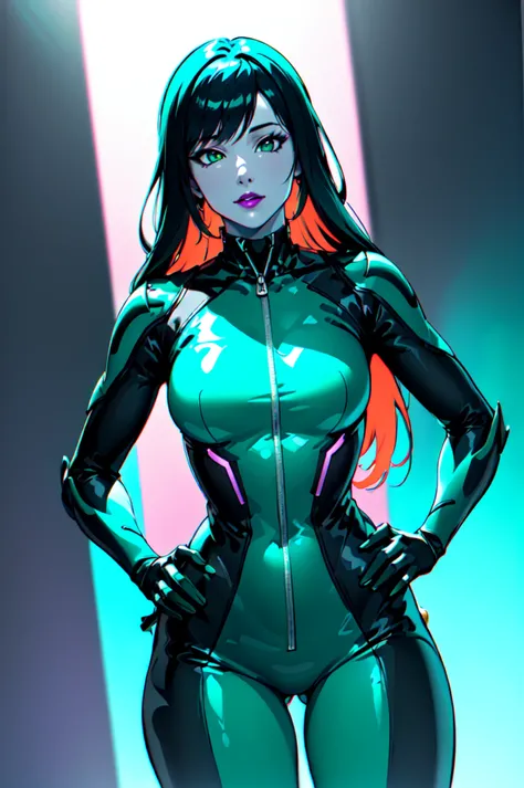 mksks style, Malware Dream,masterpiece, ((anime)), official art, best quality, 1girl, solo focus,((duotone, tritone, monochromatic, two tone, neon teal and purple theme, monochrome)), sexy, feminine, ultra beautiful, perfect anatomy, long hair, breasts, looking at viewer, bangs, gloves, medium breasts, green eyes, red hair, multicolored hair, indoors, orange hair, two-tone hair, lips, hand on hip, bodysuit, makeup, lipstick, zipper, red lips, green gloves, yellow gloves, green bodysuit, ((fantasy, sci fi, ray tracing, octane render, fxaa, rtx)), ((masterpiece, best quality, ultra-detailed, highres)), side lighting, rim lighting, lustrous skin,(bloom), (shine), lighting, ray tracing,((depth_of_field, rule of thirds, great composition,Dynamic angle)),(Highest picture quality), (Master's work), rich in detail, (highest quality), (best shadow),perfect lighting , perfect anatomy ,(masterpiece) fxaa, octane render,