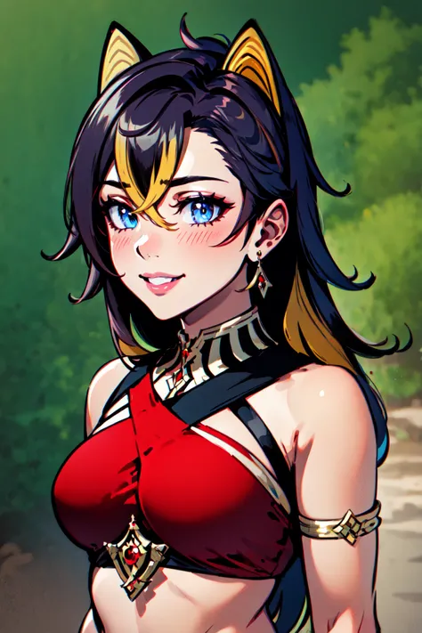 <lora:dehya1-000008:1>, dehyadef, upper body, smile, blush, outdoors, day, simple background,