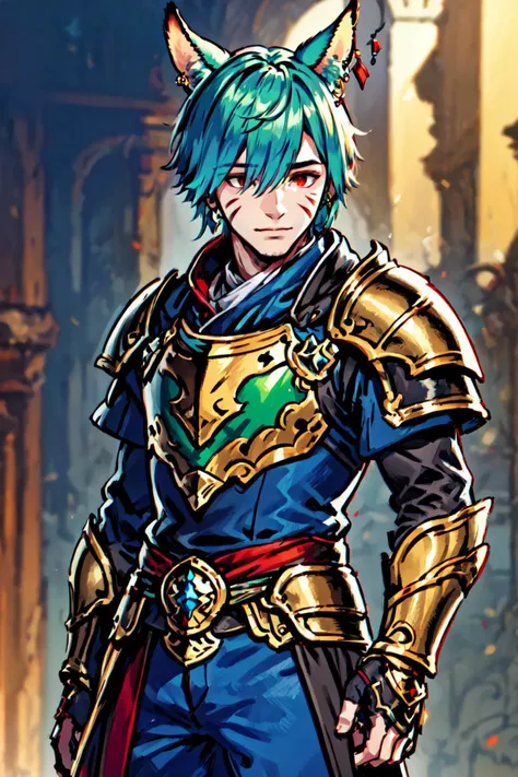solo, looking at viewer, short hair, red eyes, 1boy, animal ears, jewelry, standing, male focus, multicolored hair, cowboy shot, earrings, green hair, cat ears, armor, hair over one eye, blurry, two-tone hair, blurry background, facial mark, shoulder armor, gauntlets, pauldrons, breastplate, vambraces, miqo'te, cat boy, neck tattoo, avatar (ff14), vivid colors, specular highlights, fxaa, dynamic angle,