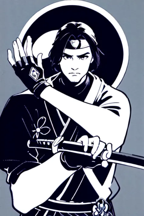 masterpiece, best quality,,(zentangle, mandala, tangle, entangle:0.6),solo, black hair, gloves, long sleeves, 1boy, holding, monochrome, weapon, male focus, japanese clothes, sword, fingerless gloves, holding weapon, headband, holding sword, moon, katana, sheath, forehead protector