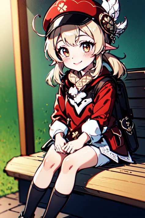 <lora:klee1-000009:1>, kleedef, full body, sitting, smile, blush, outdoors, day,