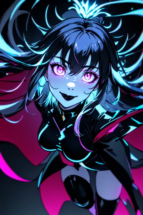 official art, masterpiece,1girl, solo, long hair, looking at viewer, smile, large breasts, thighhighs, dress, jacket, magic, black thighhighs, zettai ryouiki, makeup, floating hair, bodysuit, cape,headband,  glowing, thigh boots, lipstick, glowing eyes, clenched hands, aura, green theme, black lips,specular highlights, ultra detailed, mika pikazo, yonemaya mai, detailed face detailed eyes,  (zentangle, mandala, tangle, chaos, disorder, spider webs, entangle:0.6), dynamic angle, side lighting, shiny skin,