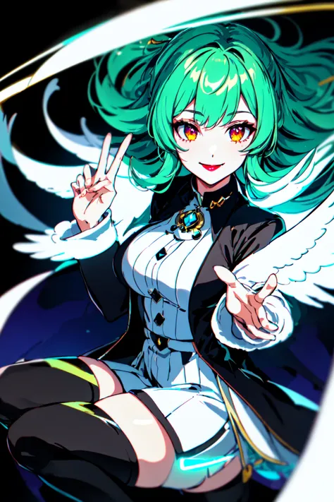 official art, masterpiece,1girl, solo, long hair, looking at viewer, smile, large breasts, thighhighs, dress, jacket, magic, black thighhighs, zettai ryouiki, makeup, floating hair, glowing, thigh boots, lipstick, glowing eyes, clenched hands, aura, green theme, black lips,specular highlights, ultra detailed, mika pikazo, yonemaya mai, detailed face detailed eyes,