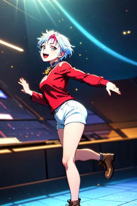 <lyco:Towa_Yashahime-10:0.7> (masterpiece, best quality, ultra-detailed, highres, best illustration), perfect face, side lighting, lustrous skin,(bloom), (shine), lighting, ray tracing, anime,1girl, shirt, striped shirt, solo, shorts, striped, striped shirt, brown footwear, short hair, blue shorts, boots, outstretched arms, multicolored hair, smile, open mouth, full body, blue hair, standing on one leg, long sleeves, red eyes, spread arms, standing, looking at viewer, :d, streaked hair, white hair, red hair, bangs,wide shot, depth_of_field, very detailed background,Dynamic angle, solo, extreme light and shadow,(detailed eyes), (extremely detailed illustrated 8k wallpaper),vivid colors,