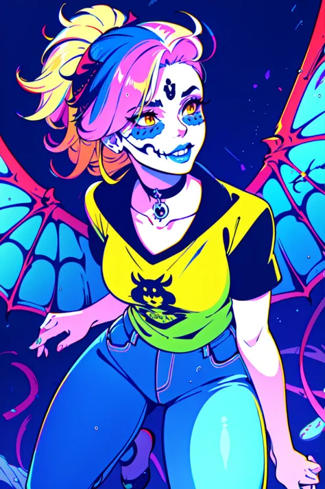 ((demonic, calavera, sugar skull makeup, exo skeleton, moth wings, wings, kawaii horror, poltergeist moth)), 1girl, ((duotone, tritone, monochromatic, monochrome, gradient)), ((two tone hair, multicolored hair, pink hair, blue hair, white streaks, yellow streaks, wild hair, curly hair)), ((zentangle, mandala, tangle, chaos, disorder, spider webs, entangle:0.6)), curly hair , wild hair, yellow eyes ,yellow choker necklace, white tshirt, jeans, denim jacket, eye symbol, black leggings , demonic moth , spider webs, wet , wet clothes, vampire teeth , black cape , roses, lillies, lily of the valley, cyberpunk, fantasy, full-face blush, human fingers , city background , flying, white body paint , cyberpunk background , wires, electrical wires, top , black skirt , black shirtDynamic angle,(Highest picture quality), (Master's work), extreme light and shadow, masterpiece, rich in detail, (highest quality), (masterpiece), (extremely detailed CG unity 8k wallpaper),(masterpiece), (best quality), (ultra-detailed), (best illustration),(best shadow),perfect lighting , perfect anatomy , vivid colors, (masterpiece),