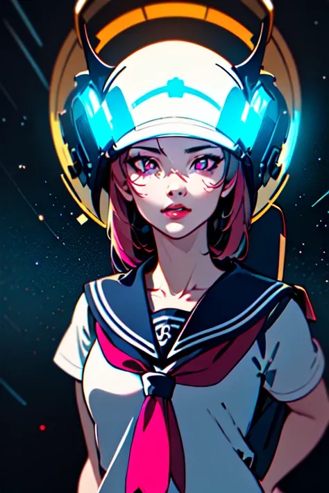 (masterpiece, best quality, ultra-detailed, highres), ((solo)), perfect face, sidelighting, lustrous skin,(bloom), (shine),side lighting, ray tracing, sci-fi, 1girl, solo, shirt, school uniform, white shirt, upper body, short sleeves, sky, serafuku, sailor collar, bag, star (symbol), neckerchief, moon, backpack, helmet, star (sky), limited palette, flat color, pink neckerchief, pink bag, space helmet, skindentation, detailed eyes, detailed face, detailed fabric, depth_of_field, vivid colors, very detailed background, highly detailed background, Masterpiece, Ultra detailed, great composition,Dynamic angle,(Highest picture quality), (Master's work), extreme light and shadow, masterpiece, rich in detail, (highest quality), (masterpiece), (extremely detailed CG unity 8k wallpaper),(masterpiece), (best quality), (ultra-detailed), (best illustration)