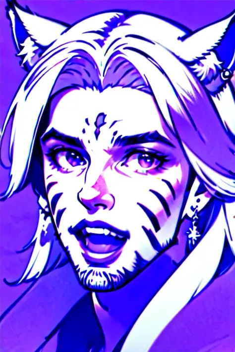 solo, looking at viewer, smile, open mouth, bangs, simple background, 1boy, animal ears, jewelry, purple eyes, monochrome, male focus, earrings, teeth, facial hair, fangs, facial mark, portrait, beard, purple background