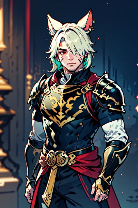 solo, looking at viewer, short hair, red eyes, 1boy, animal ears, jewelry, standing, male focus, multicolored hair, cowboy shot, earrings, green hair, cat ears, armor, hair over one eye, blurry, two-tone hair, blurry background, facial mark, shoulder armor, gauntlets, pauldrons, breastplate, vambraces, miqo'te, cat boy, neck tattoo, avatar (ff14)