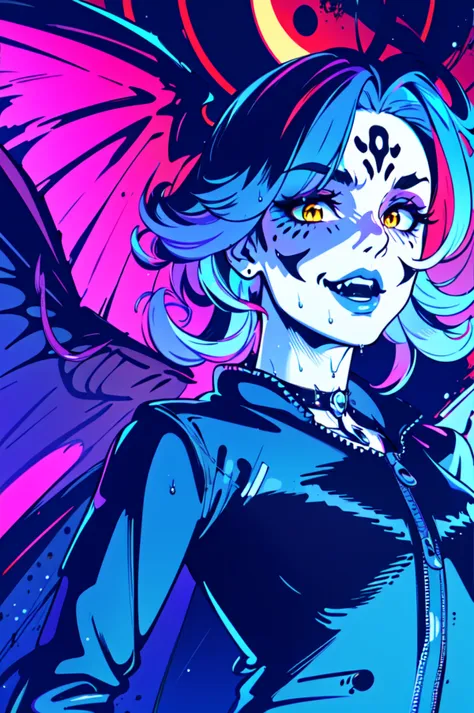 ((demonic, calavera, sugar skull makeup, exo skeleton, moth wings, wings, kawaii horror, poltergeist moth)), 1girl, ((duotone, tritone, monochromatic, monochrome, gradient)), ((two tone hair, multicolored hair, pink hair, blue hair, white streaks, yellow streaks, wild hair, curly hair)), ((zentangle, mandala, tangle, chaos, disorder, spider webs, entangle:0.6)), curly hair , wild hair, yellow eyes ,yellow choker necklace, white tshirt, jeans, denim jacket, eye symbol, black leggings , demonic moth , spider webs, wet , wet clothes, vampire teeth , black cape , roses, lillies, lily of the valley, cyberpunk, fantasy, full-face blush, human fingers , city background , flying, white body paint , cyberpunk background , wires, electrical wires, top , black skirt , black shirtDynamic angle,(Highest picture quality), (Master's work), extreme light and shadow, masterpiece, rich in detail, (highest quality), (masterpiece), (extremely detailed CG unity 8k wallpaper),(masterpiece), (best quality), (ultra-detailed), (best illustration),(best shadow),perfect lighting , perfect anatomy , vivid colors, (masterpiece),