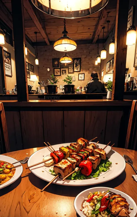 A Medium Wide Shot, of a shish kebab on the table of a cozy place to eat,