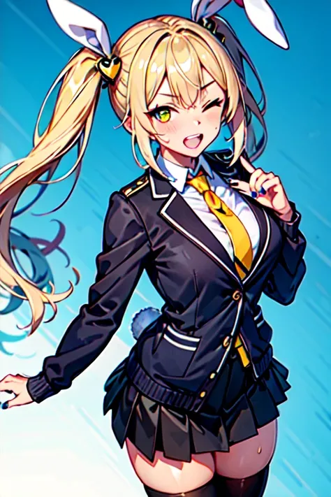 Havoc and Disorder, official art,unity 8k wallpaper, ultra detailed, beautiful and aesthetic, High quality, beautiful, masterpiece, best quality, Havoc and Disorder, 1girl, solo, looking at viewer, blush, blue eyes, skirt, shirt, hair ornament, thighhighs, long sleeves, twintails, blue hair, jacket, yellow eyes, white shirt, sweat, one eye closed, necktie, teeth, collared shirt, black skirt, nail polish, white thighhighs, symbol-shaped pupils, blue background, heart-shaped pupils, cardigan, blue nails, blue necktie, rabbit hair ornament,(zentangle, mandala, tangle, entangle:0.6),dynamic angle, extreme light and shadow, shiny skin, (ultra sharp, best quality, masterpiece)