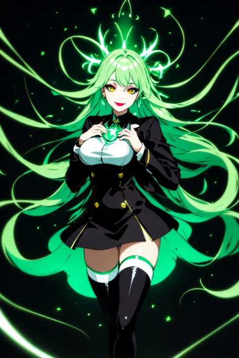 official art, masterpiece,1girl, solo, long hair, looking at viewer, smile, large breasts, thighhighs, dress, jacket, black thighhighs, zettai ryouiki, makeup, floating hair, glowing, thigh boots, lipstick, glowing eyes, clenched hands, aura, green theme, black lips,specular highlights
