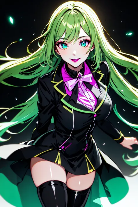 official art, masterpiece,1girl, solo, long hair, looking at viewer, smile, large breasts, thighhighs, dress, jacket, black thighhighs, zettai ryouiki, makeup, floating hair, glowing, thigh boots, lipstick, glowing eyes, clenched hands, aura, green theme, black lips,specular highlights