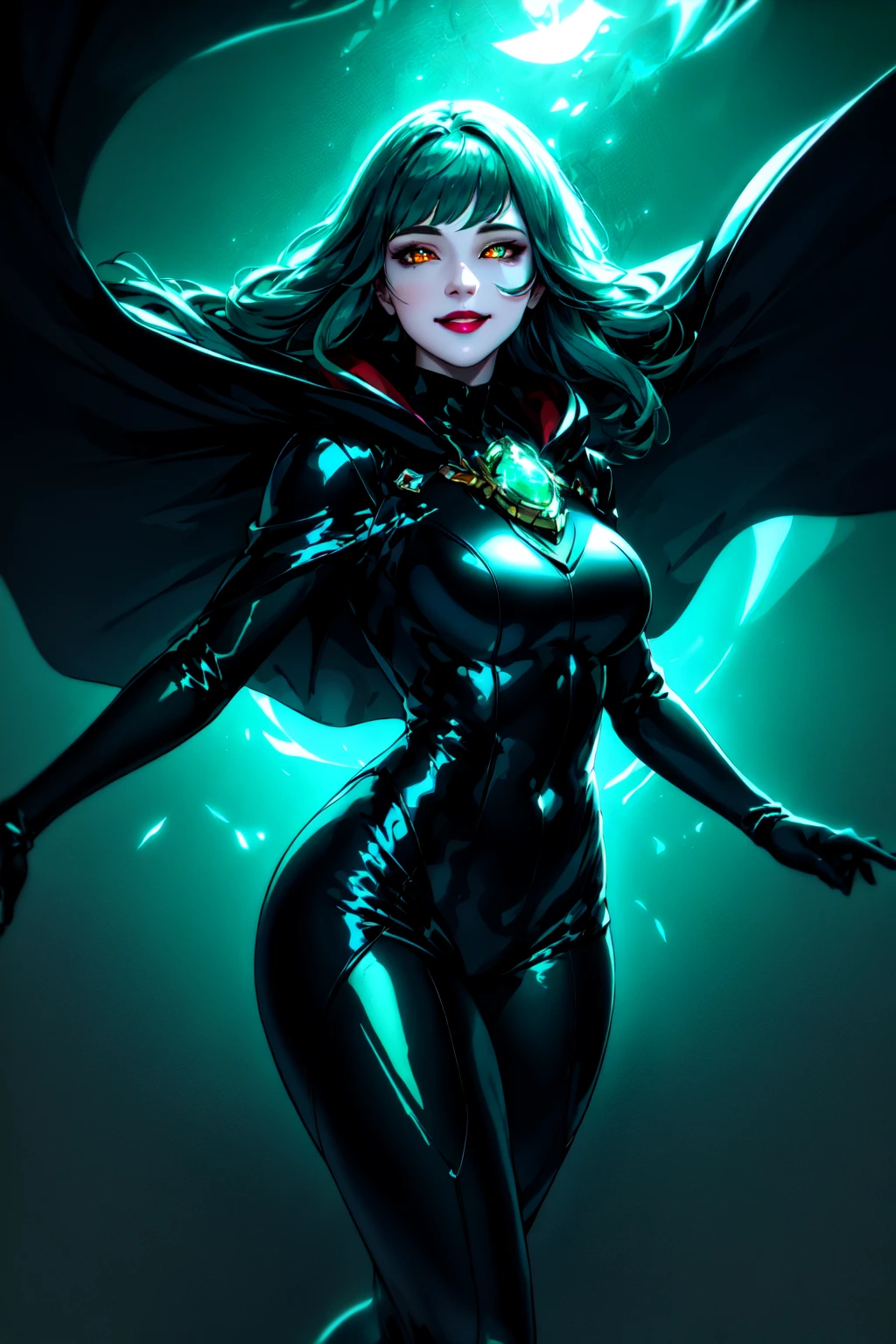official art, masterpiece,realistic, detailed skin, voluptuous, skindentation, 1girl, solo, long hair, looking at viewer, smile, large breasts, thighhighs, dress, jacket, magic, black thighhighs, zettai ryouiki, makeup, floating hair, bodysuit, cape,headband, glowing, thigh boots, lipstick, glowing eyes, clenched hands, aura, green theme, black lips,specular highlights, ultra detailed,detailed face detailed eyes, (zentangle, mandala, tangle, entangle:0.6), dynamic angle, side lighting, shiny skin,