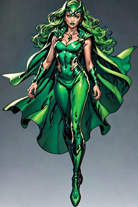 official art, masterpiece, Lorna Dane, Polaris,1girl, solo, makeup, lipstick,  long hair,  breasts, cleavage, bodysuit, cape, green leotard, midriff,  full body, nice hands, ultra detailed, subsurface scattering, specular highlights <lora:Polaris-10:0.8>