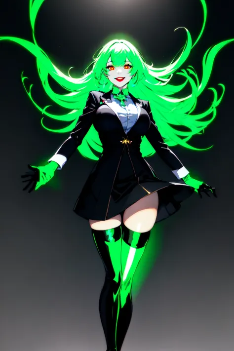 official art, masterpiece,1girl, solo, long hair, looking at viewer, smile, large breasts, thighhighs, dress, jacket, black thighhighs, zettai ryouiki, makeup, floating hair, glowing, thigh boots, lipstick, glowing eyes, clenched hands, aura, green theme, black lips,specular highlights