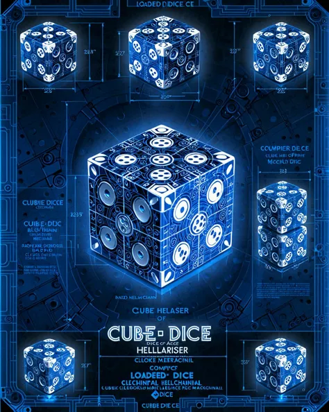 detailed, art, masterpiece, blueprint of loaded dice, cubic hellraiser style dice, complex clockwork mechanism, bl3uprint <lora:bl3uprint:0.8>