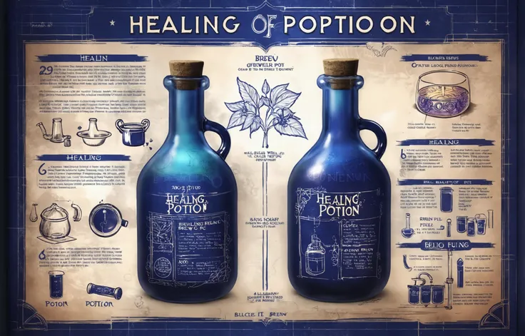 bl3uprint, a highly detailed blueprint of ((healing potion)), explaining how to brew it, recipe with ingredients and detailed brewing process, high detail, 4k, <lora:more_details:0.6> <lora:xl_more_art-full_v1:0.3> <lora:bl3uprint:1>