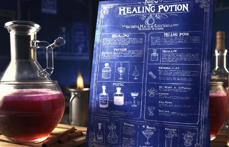 bl3uprint, a highly detailed blueprint of ((healing potion)), explaining how to brew it, recipe with ingredients and detailed brewing process, high detail, 4k, <lora:more_details:0.6> <lora:xl_more_art-full_v1:0.3> <lora:bl3uprint:1>