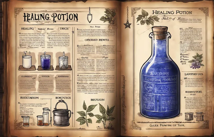 bl3uprint, a highly detailed blueprint of ((healing potion)), explaining how to brew it, recipe with ingredients and detailed brewing process, high detail, 4k,  written inside an old tome with black ink,  <lora:more_details:0.6> <lora:xl_more_art-full_v1:0.3> <lora:bl3uprint:1>