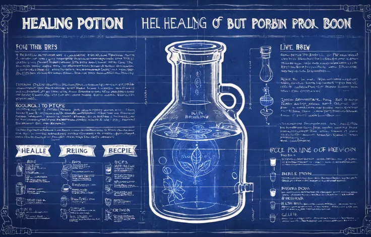 bl3uprint, a highly detailed blueprint of ((healing potion)), explaining how to brew it, recipe with ingredients and detailed brewing process, high detail, 4k, <lora:more_details:0.6> <lora:xl_more_art-full_v1:0.3> <lora:bl3uprint:1>