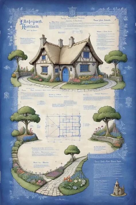 <lora:ParchartXL-1.5:1>,ON PARCHMENT,INK ILLUSTRATION,bl3uprint,<lora:bl3uprint:1>,
A detailed blueprint for the construction of an elf garden,a fairy-tale thatched house,a large number of flowers,a flower border,a stone road,a low bridge,detailed markings,grid lines,