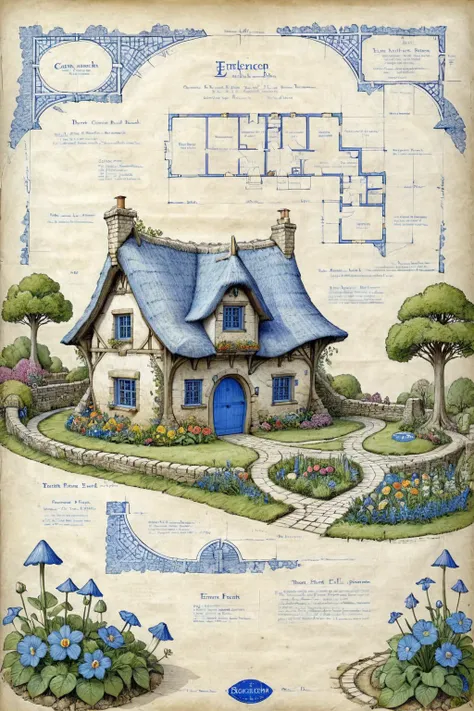 <lora:ParchartXL-1.5:1>,ON PARCHMENT,INK ILLUSTRATION,bl3uprint,<lora:bl3uprint:1>,
A detailed blueprint for the construction of an elf garden,a fairy-tale thatched house,a large number of flowers,a flower border,a stone road,a low bridge,detailed markings,grid lines,