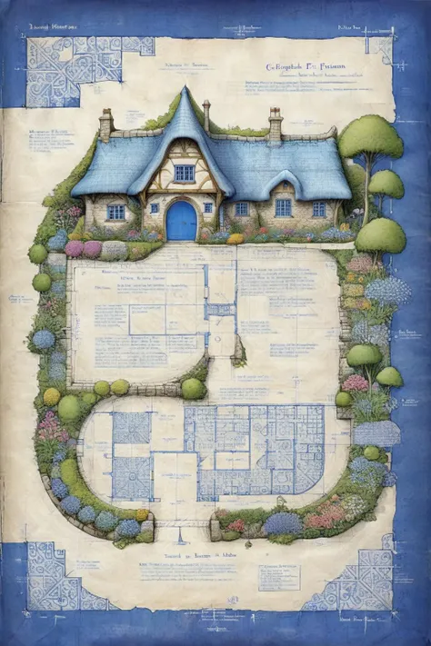 <lora:ParchartXL-1.5:1>,ON PARCHMENT,INK ILLUSTRATION,bl3uprint,<lora:bl3uprint:1>,
A detailed blueprint for the construction of an elf garden,a fairy-tale thatched house,a large number of flowers,a flower border,a stone road,a low bridge,detailed markings,grid lines,