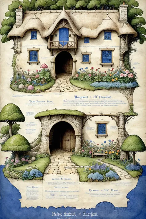 <lora:ParchartXL-1.5:1>,ON PARCHMENT,INK ILLUSTRATION,bl3uprint,<lora:bl3uprint:1>,
A detailed blueprint for the construction of an elf garden,a fairy-tale thatched house,a large number of flowers,a flower border,a stone road,a low bridge,