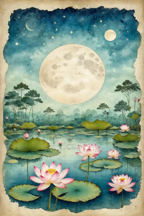 <lora:ParchartXL-1.5:1>,ON PARCHMENT,INK ILLUSTRATION,bl3uprint,<lora:bl3uprint:1>,
Lotus Pond Moonlight,